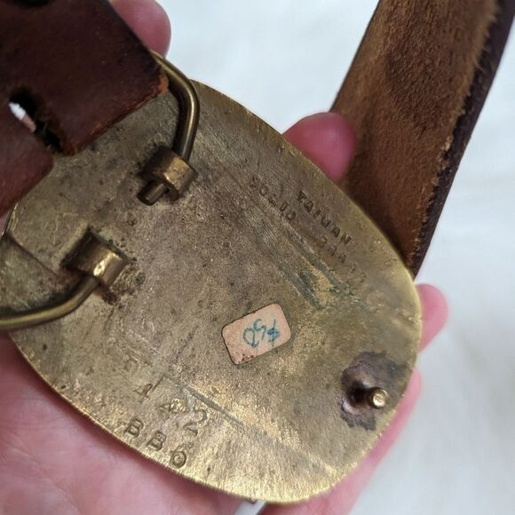 Vintage tooled leather belt brass wood green stone buckle 36 main image 5